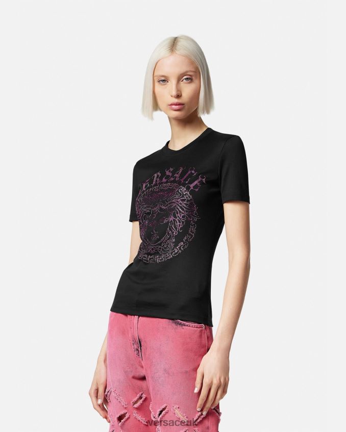 Women Versace Crystal Medusa Logo T-shirt 6D2D06153 Black & Pink Clothing
