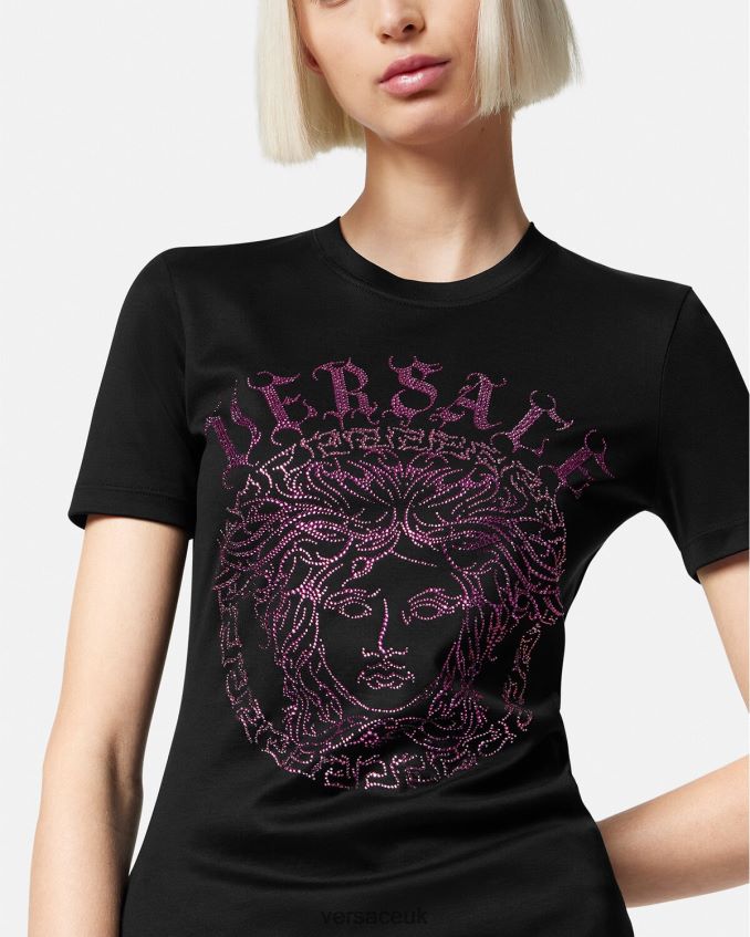 Women Versace Crystal Medusa Logo T-shirt 6D2D06153 Black & Pink Clothing