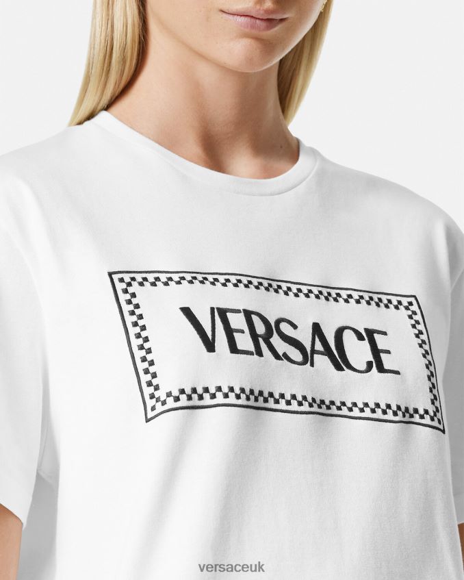 Women Versace Embroidered Logo T-Shirt 6D2D06136 Black & White Clothing