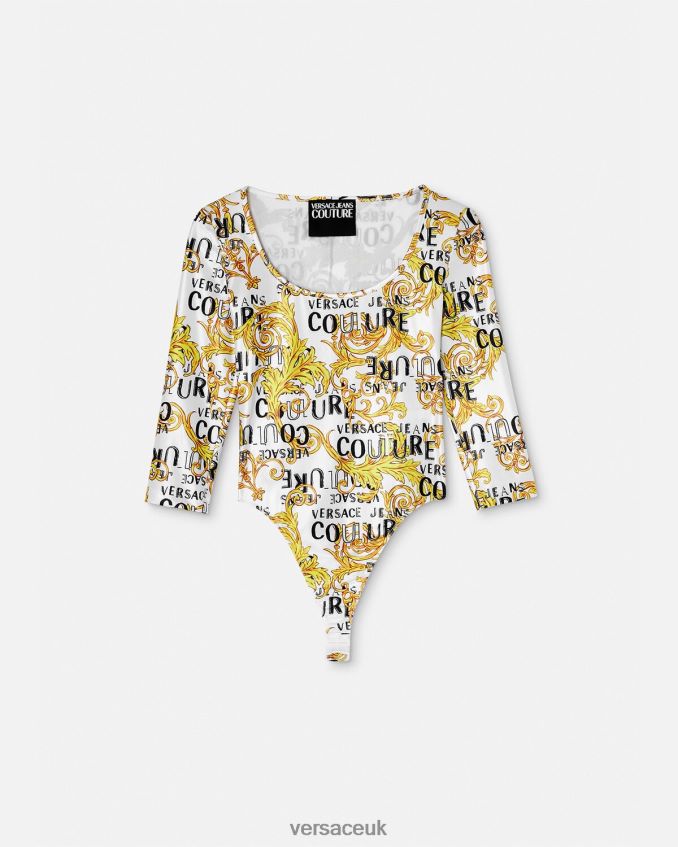 Women Versace Logo Couture Bodysuit 6D2D062210 Gold & White Clothing