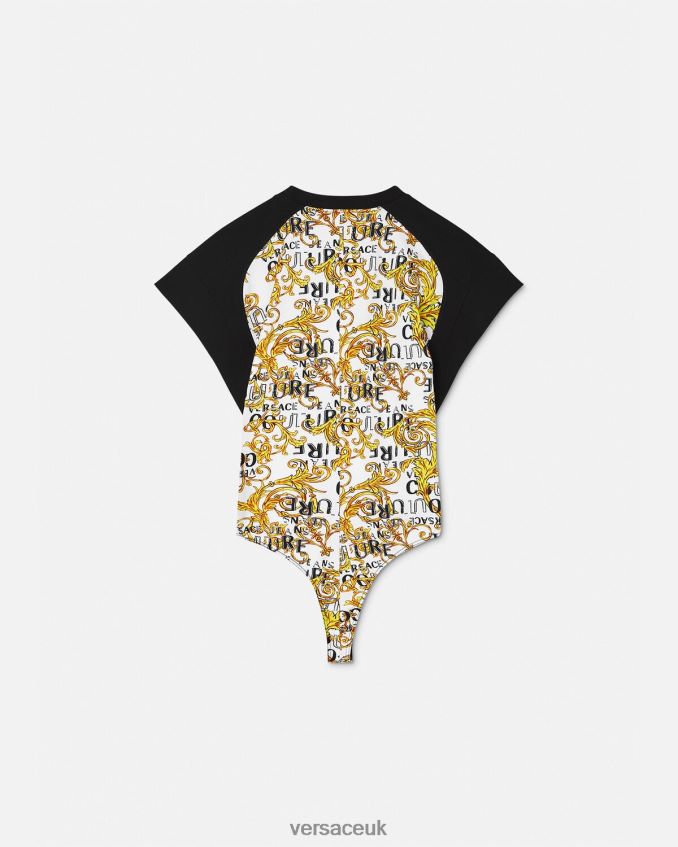Women Versace Logo Couture Bodysuit T-Shirt 6D2D062207 Gold & White Clothing