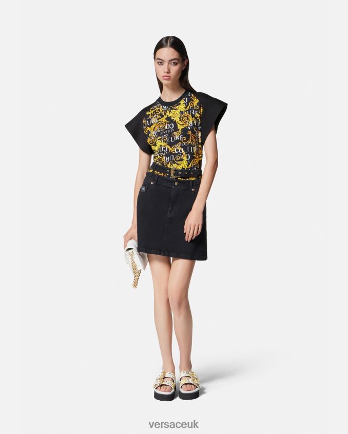 Women Versace Logo Couture Bodysuit T-Shirt 6D2D062208 Black & Gold Clothing