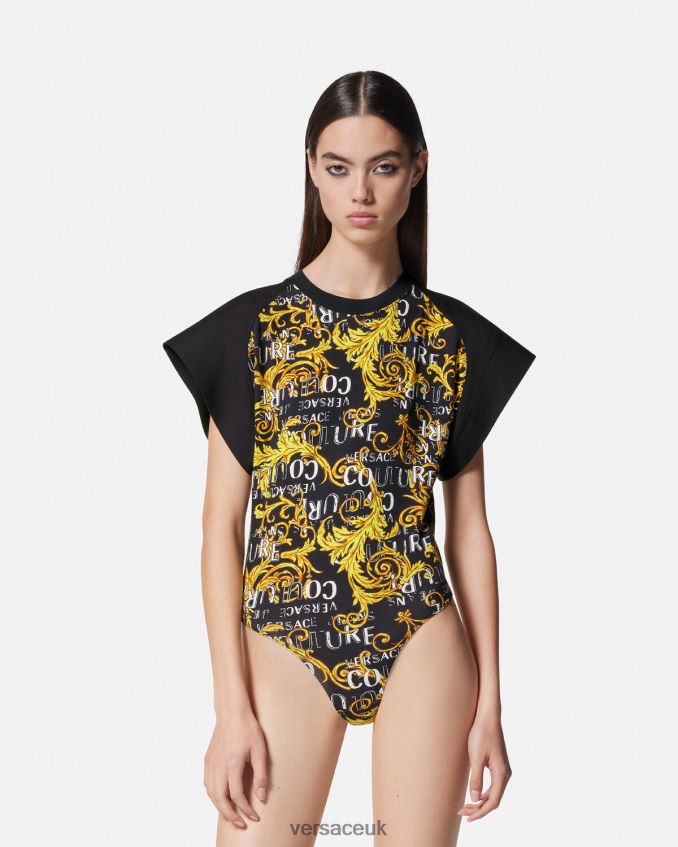 Women Versace Logo Couture Bodysuit T-Shirt 6D2D062208 Black & Gold Clothing