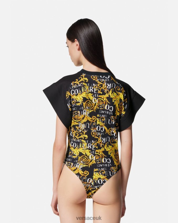 Women Versace Logo Couture Bodysuit T-Shirt 6D2D062208 Black & Gold Clothing