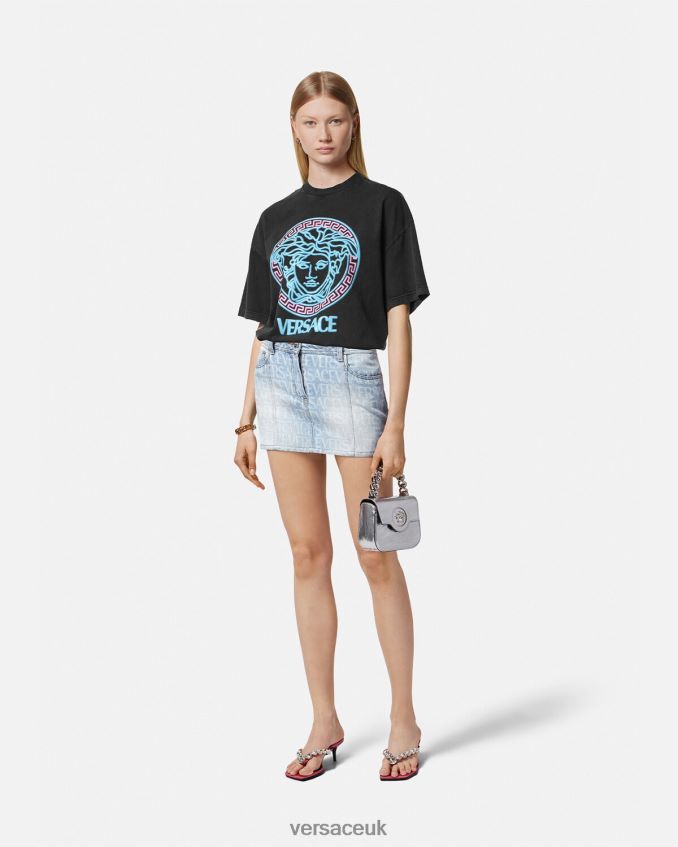 Women Versace Medusa Logo Distressed T-Shirt 6D2D06134 Black Clothing