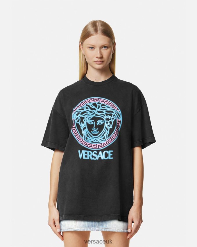 Women Versace Medusa Logo Distressed T-Shirt 6D2D06134 Black Clothing