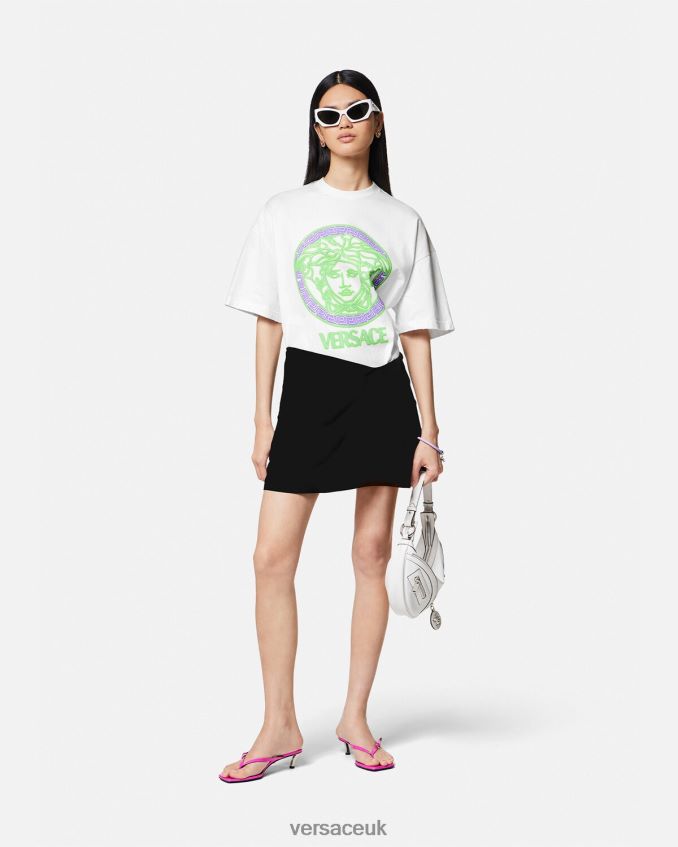 Women Versace Medusa Logo Distressed T-Shirt 6D2D06135 White Clothing