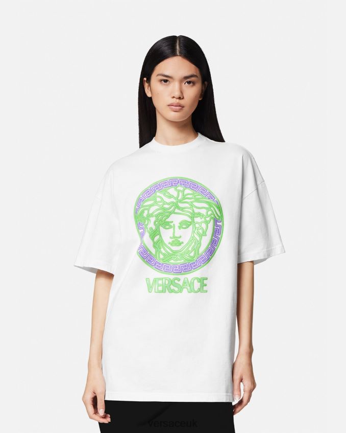 Women Versace Medusa Logo Distressed T-Shirt 6D2D06135 White Clothing