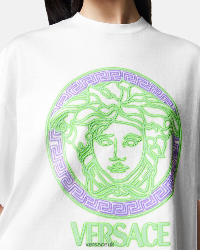 Women Versace Medusa Logo Distressed T-Shirt 6D2D06135 White Clothing
