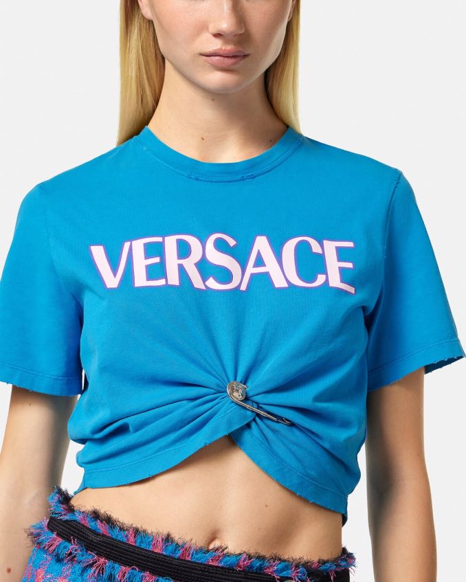 Women Versace Safety Pin Logo T-Shirt 6D2D06140 Blue Clothing