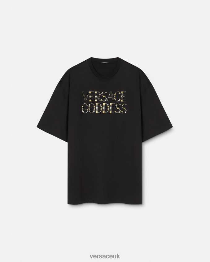 Women Versace Studded Goddess T-shirt 6D2D06156 Black Clothing