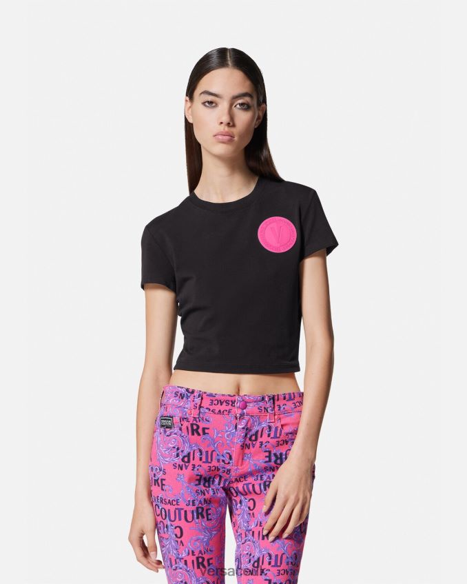 Women Versace V-Emblem Crop T-Shirt 6D2D062230 Black Clothing