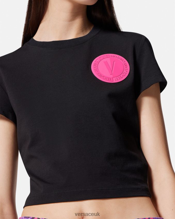 Women Versace V-Emblem Crop T-Shirt 6D2D062230 Black Clothing