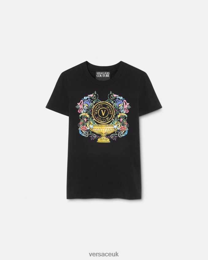 Women Versace V-Emblem Garden T-shirt 6D2D062231 Black & Gold Clothing