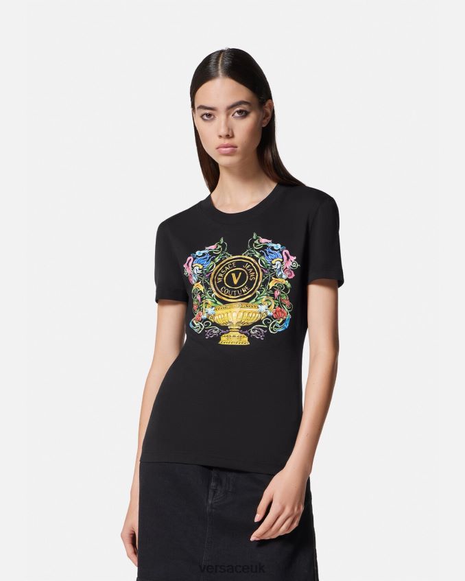 Women Versace V-Emblem Garden T-shirt 6D2D062231 Black & Gold Clothing
