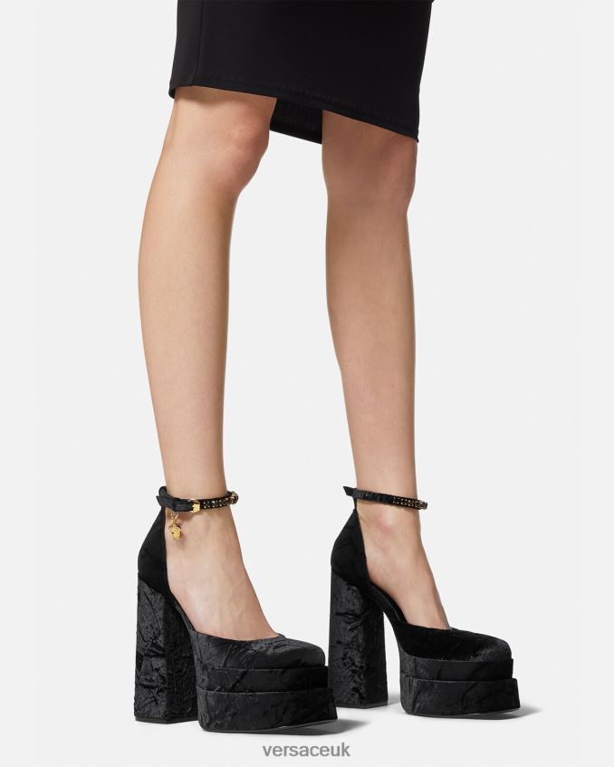 Women Versace Medusa Aevitas Velvet Platform Pumps 6D2D06428 Black Shoe