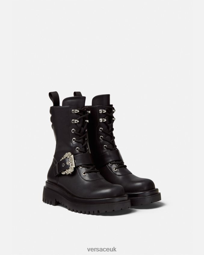 Women Versace Drew Baroque Buckle Combat Boots 6D2D062270 Black Shoe