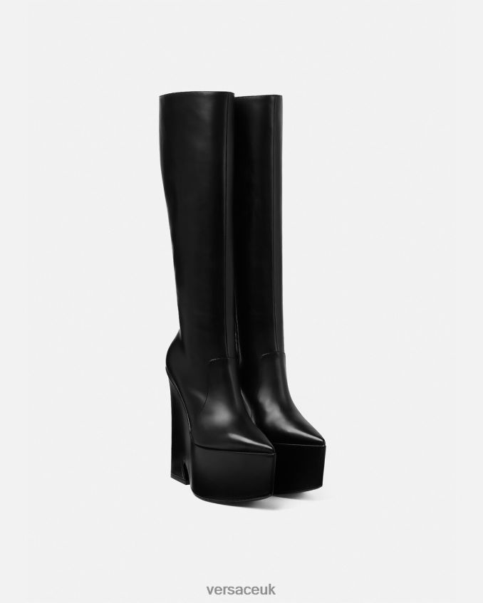 Women Versace Tempest Knee-High Platform Boots 6D2D06478 Black Shoe