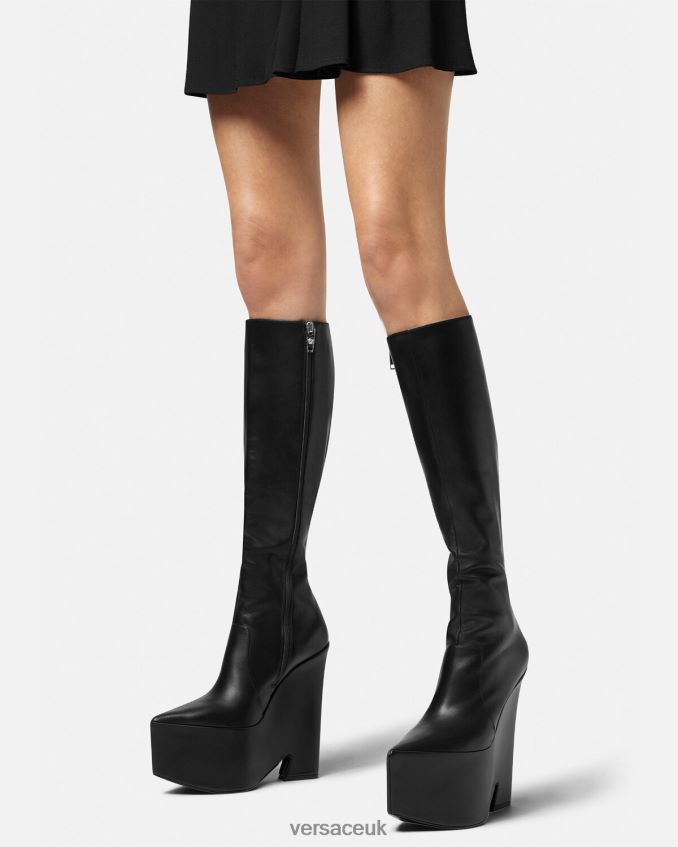 Women Versace Tempest Knee-High Platform Boots 6D2D06478 Black Shoe