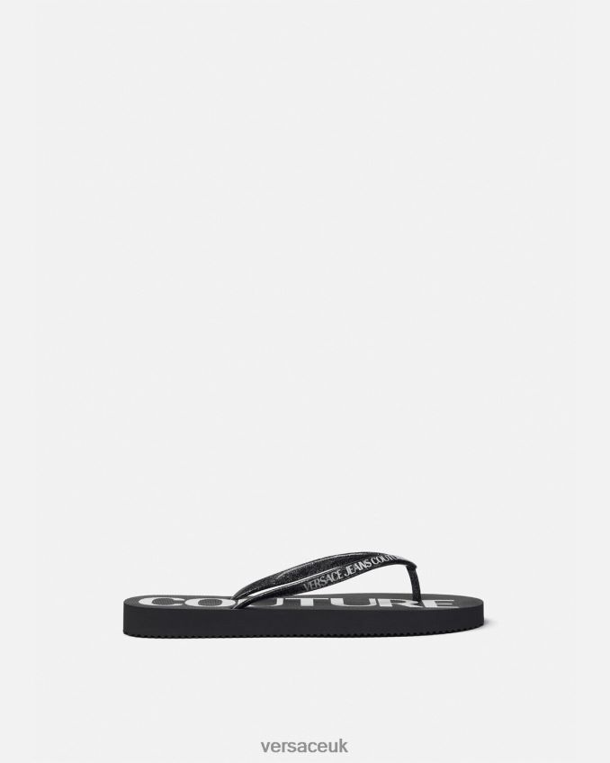 Women Versace Logo Flip Flops 6D2D062286 Black & Print Shoe
