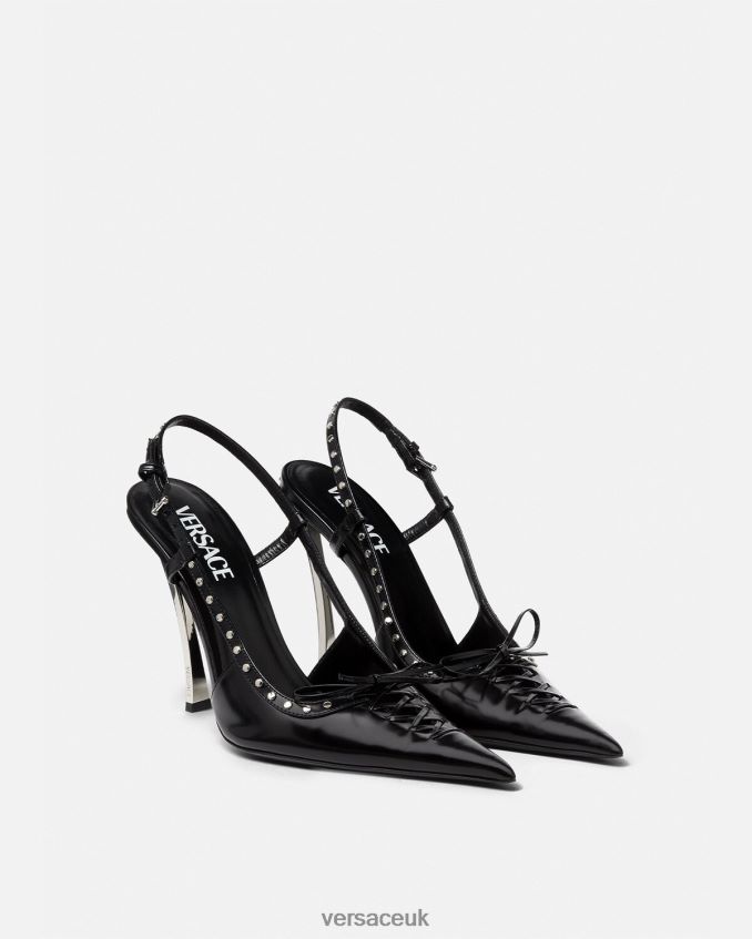 Women Versace Laced Pin-Point Slingback Pumps 6D2D06382 Black Shoe
