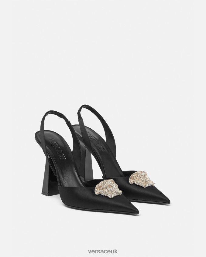 Women Versace Crystal La Medusa Satin Sling-Back Pumps 6D2D06486 Black Shoe