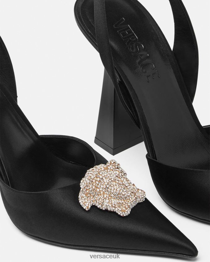 Women Versace Crystal La Medusa Satin Sling-Back Pumps 6D2D06486 Black Shoe