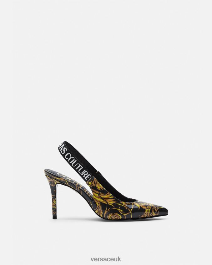 Women Versace Logo Couture Slingback Pumps 6D2D062308 Black & Gold Shoe