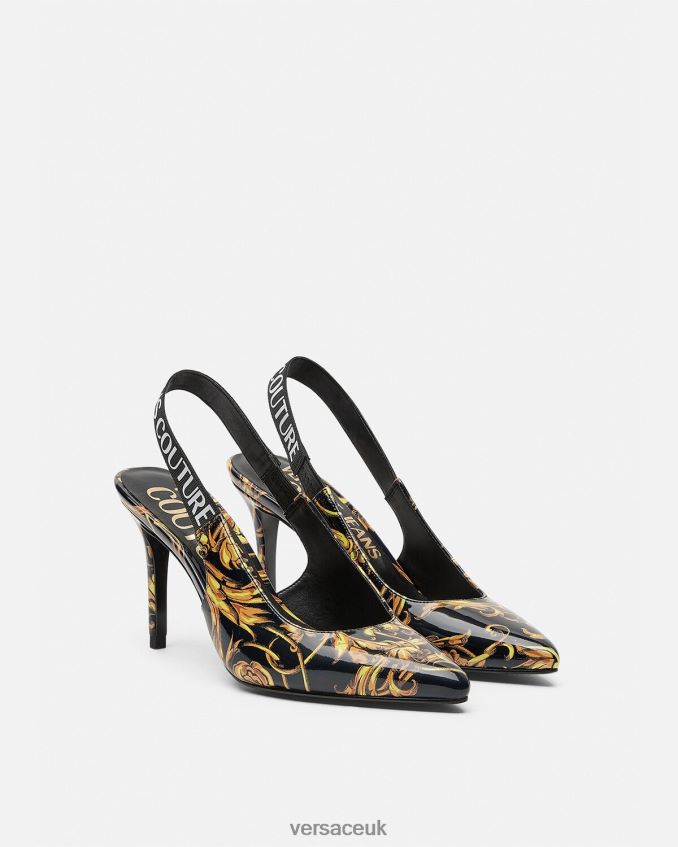 Women Versace Logo Couture Slingback Pumps 6D2D062308 Black & Gold Shoe