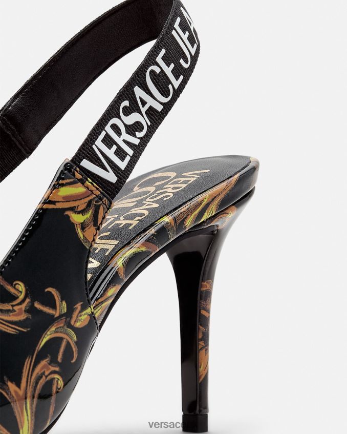 Women Versace Logo Couture Slingback Pumps 6D2D062308 Black & Gold Shoe