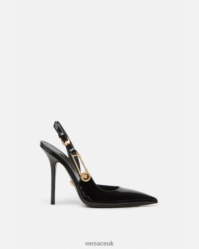 Women Versace Safety Pin Patent Leather Sling-Back Pumps 6D2D06490 Black Shoe