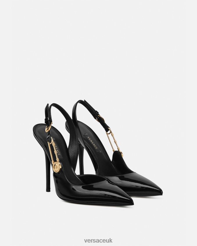 Women Versace Safety Pin Patent Leather Sling-Back Pumps 6D2D06490 Black Shoe