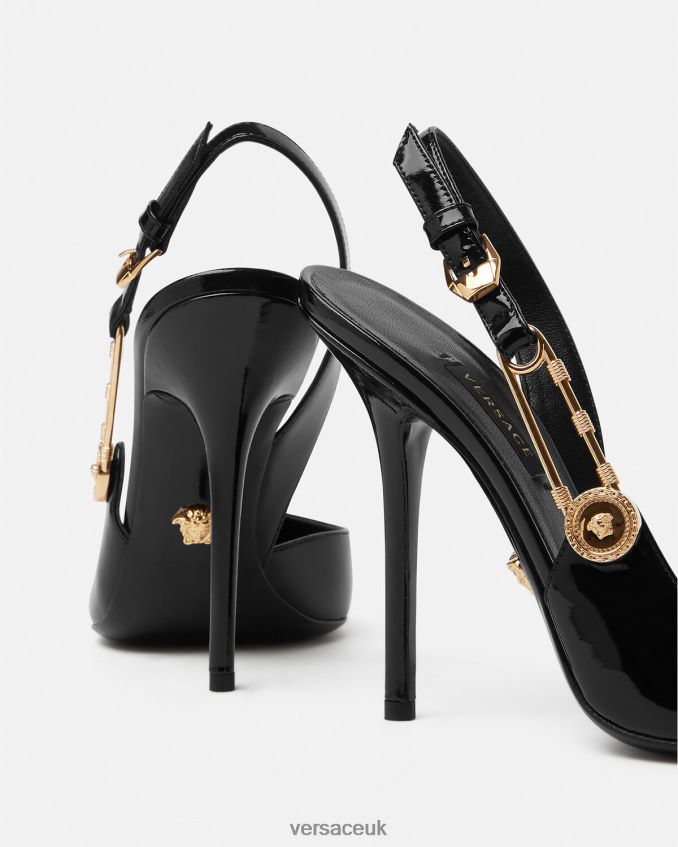 Women Versace Safety Pin Patent Leather Sling-Back Pumps 6D2D06490 Black Shoe