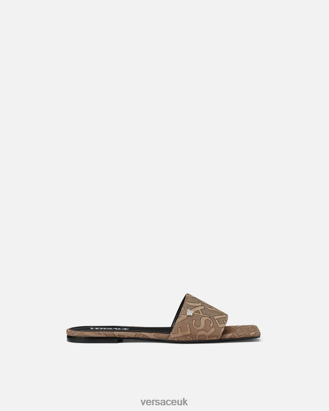 Women Versace Allover Flat Sandals 6D2D06451 Brown Shoe
