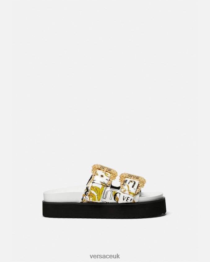 Women Versace Arizona Logo Couture Sandals 6D2D062275 Gold & White Shoe