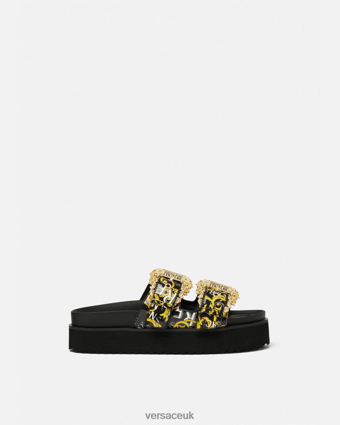 Women Versace Arizona Logo Couture Sandals 6D2D062276 Black & Gold Shoe