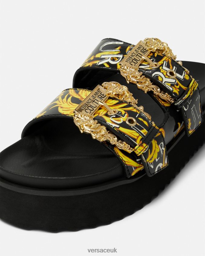 Women Versace Arizona Logo Couture Sandals 6D2D062276 Black & Gold Shoe