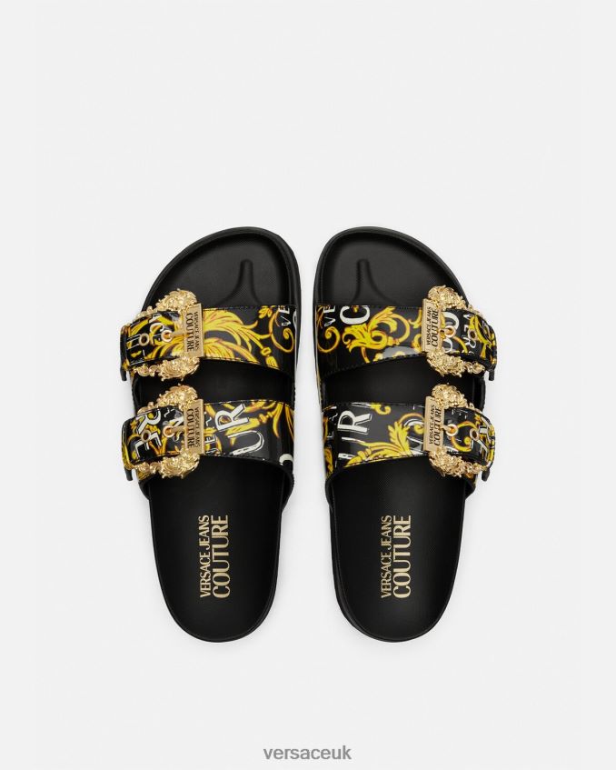 Women Versace Arizona Logo Couture Sandals 6D2D062276 Black & Gold Shoe