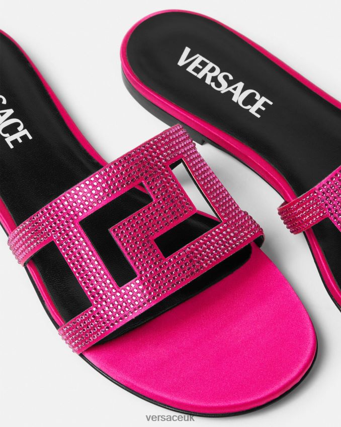 Women Versace Greca Maze Crystal Flat Sandals 6D2D06471 Pink Shoe