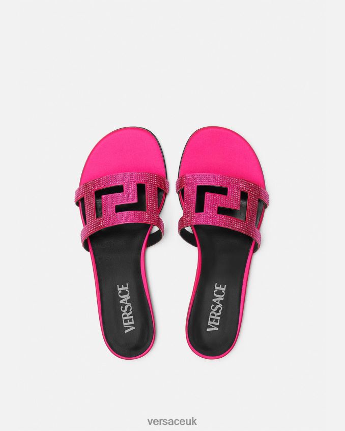 Women Versace Greca Maze Crystal Flat Sandals 6D2D06471 Pink Shoe