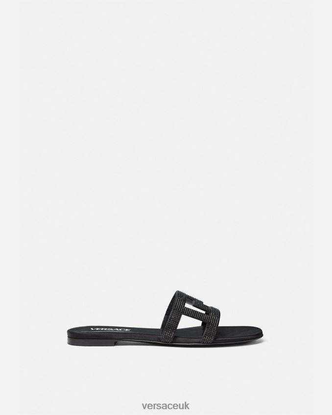 Women Versace Greca Maze Crystal Flat Sandals 6D2D06472 Black Shoe