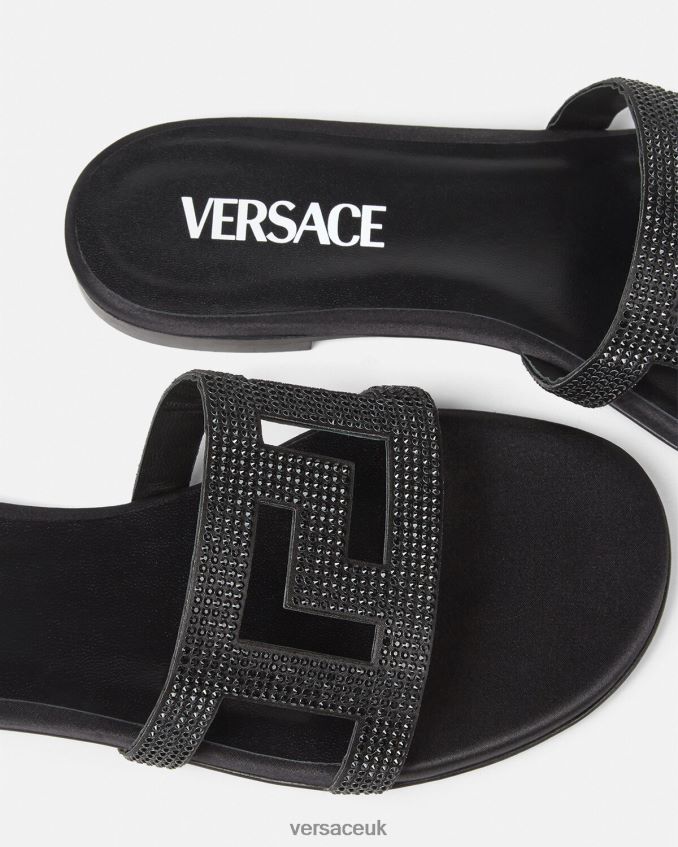 Women Versace Greca Maze Crystal Flat Sandals 6D2D06472 Black Shoe