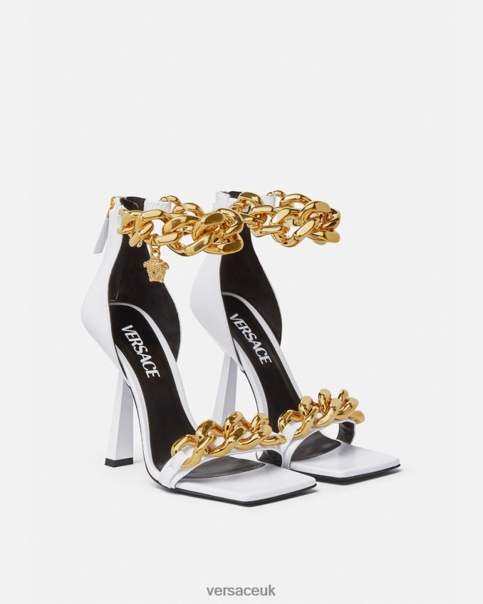 Women Versace Medusa Chain High Heel Sandals 6D2D06446 White Shoe