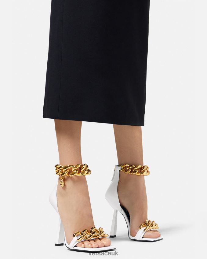 Women Versace Medusa Chain High Heel Sandals 6D2D06446 White Shoe
