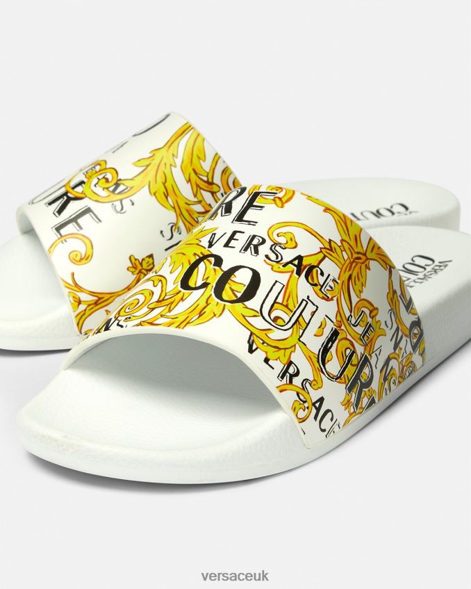 Women Versace Shelly Logo Couture Slides 6D2D062309 Gold & White Shoe