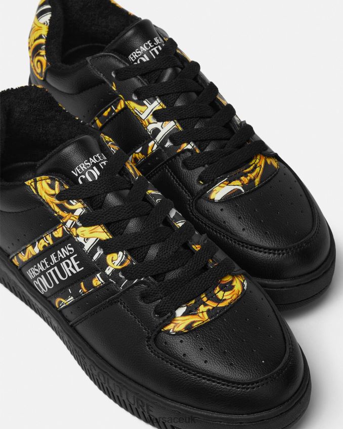 Women Versace Logo Brush Couture Meyssa Sneakers 6D2D062296 Black & Gold Shoe