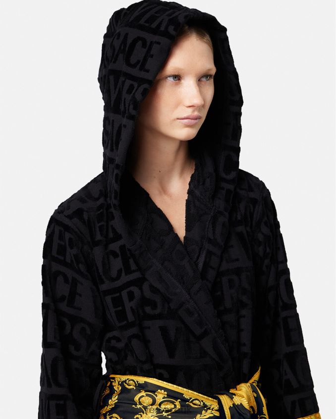 Women Versace Allover Short Bathrobe 6D2D061083 Black Underwear & Beachwear