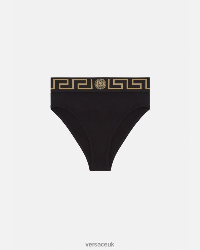 Women Versace Greca Border High Leg Briefs 6D2D061055 Black Underwear & Beachwear