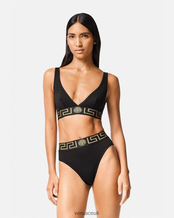 Women Versace Greca Border High Leg Briefs 6D2D061055 Black Underwear & Beachwear