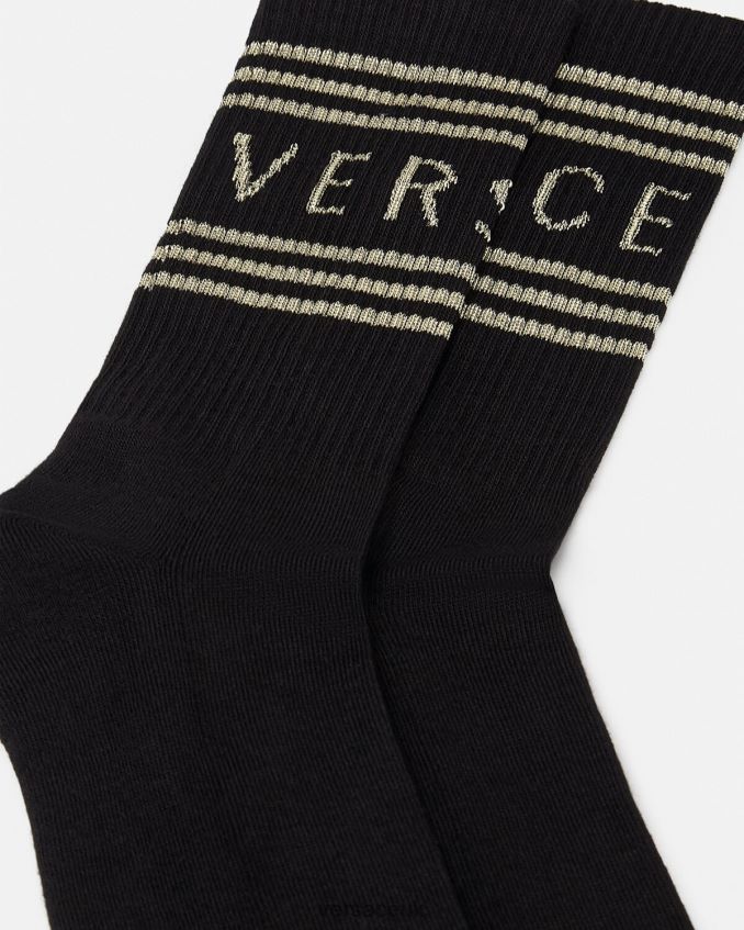 Women Versace 90s Vintage Logo Socks 6D2D061103 Black & Gold Underwear & Beachwear